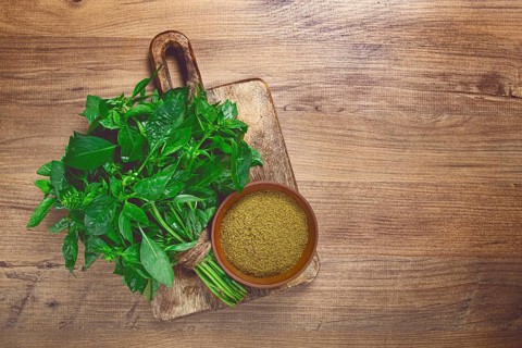 Ground green basil, in a ceramic bowl, with a bouquet of fresh green basil, on the table, top view,