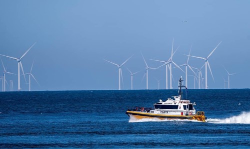 Offshore wind farm Hollandse Kust Zuid, North Sea, pilot boat Lacerta, entering the harbour of