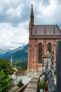 Picturesque cemetery and mausoleum of Archduke Johann on the church hill of Schenna above Meran, in