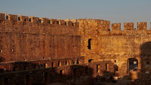 Evening light, interior, walls, battlements, tower, Frangokastello, Venetian fortress, fortress,