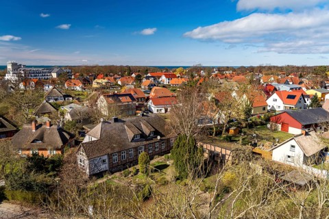 View from above of the Baltic seaside resort of Wustrow, Fischland, Mecklenburg-Vorpommern, Germany