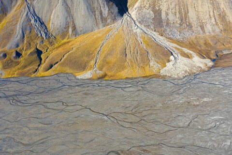 Aerial view over river delta at Skansbukta in the outer Billefjorden, Billefjord, southeast of