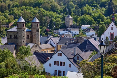 Bird's eye view of the town centre with lantern in Bad Münstereifel, Eifel, Euskirchen district,