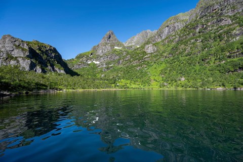 Mountains reflected in the water of the fjord Trollfjord, fjord landscape and mountains, Lofoten,