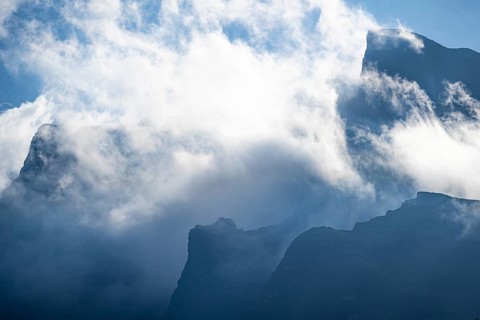 Drakensberg Mountains and Cliffs with Fog, Amphitheatre, Drakensberg National Park, KwaZulu Natal,