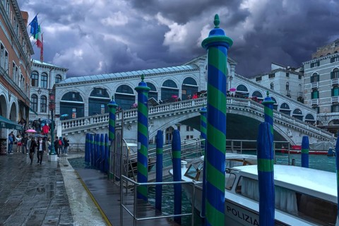 Rain clouds over the Rialto Bridge, Venice, Veneto, Italy