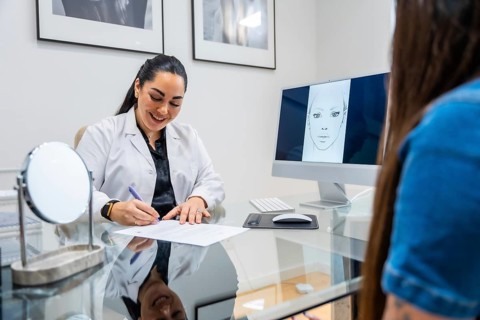 Doctor writing notes on a document during a beauty consultation, reviewing a face illustration on a