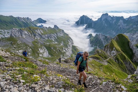 Hiker on hiking trail to Säntis, Appenzell Ausserrhoden, Appenzell Alps, Switzerland