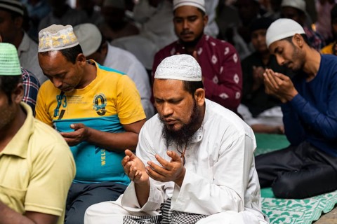 Muslims perform the Friday prayers at a Mosque in the holy month of Ramadan, on 21 March 2025 in
