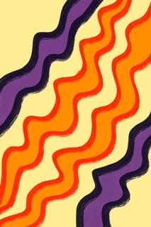 This artwork features flowing waves painted in bold purple, orange, and yellow colors, creating a