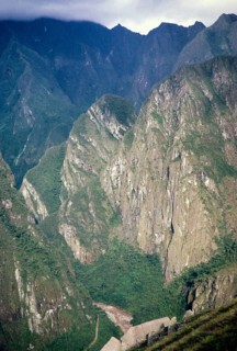 River gorge and mountain peak of Machu Picchu, Peru, South America c 1962 Urubamba River or