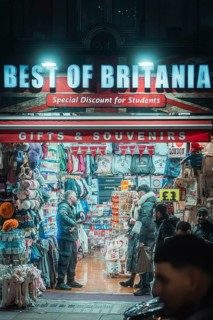 Illuminated gift shop at night, numerous items and customers, New Year's Eve London, Great Britain