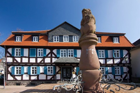 Germany, Hesse, Vogelsberg, Grünberg, Brewery with lion fountain on Winterplatz, Grünberg, Hesse,