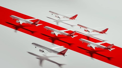 Commercial airplane models are artistically arranged on a bold red stripe, highlighting various