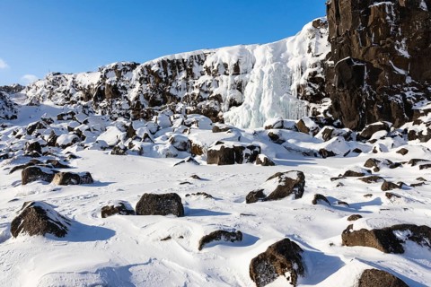 Öxarárfoss, frozen waterfall, lava rock, rock, snow, frost, winter, Golden Circle, Iceland,