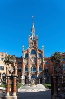 View of the main entrance to the Hospital Santa Creu i Sant Pau in Barcelona, Spain