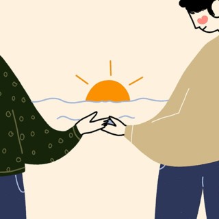 An abstract illustration of two people holding hands against a backdrop of a serene sunset over