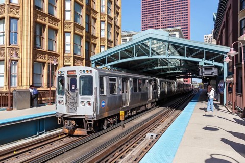 Chicago L Elevated elevated metro railway public transport at the Library stop in Chicago, USA