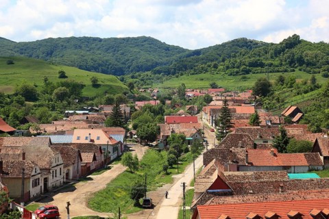 Romania, view of the village from the tower of the fortified church of Mosna, German Meschen or