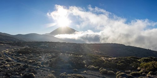 Panorama from east at sunset over the Teide National Park, Parque Nacional del Teide, to Pico del