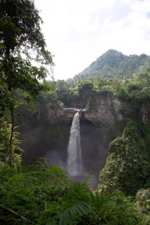 Picturesque waterfall surrounded by thick green forest and mountainous landscape under cloudy sky,