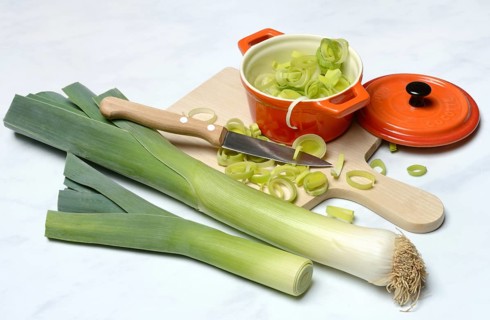 Leek, leek sticks and leek rings in a bowl