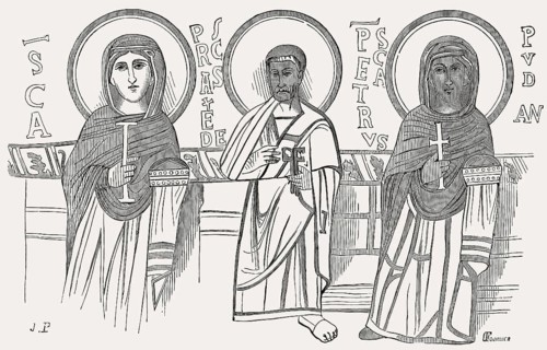 The Saints Praxedes, Pudentiana and Paul the Apostle, mural painting at the Catacomb of Priscilla,