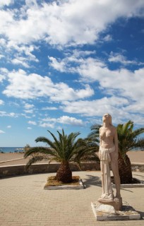 Sculpture of the Magi on the sandy beach of Pachia Ammos, Paleochora on the Libyan Sea,