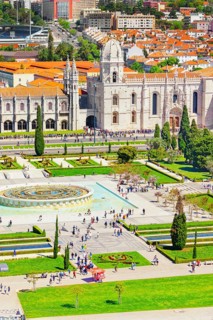 View of Empire square and Jeronimos Monastery in the distance, Belem, Lisbon, Portugal
