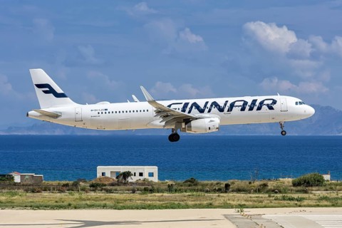 A Finnair Airbus A321 aircraft with the OH-LZG license plate at Rhodes airport, Greece