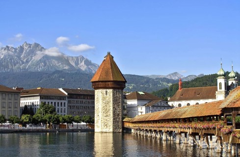 The old town of Lucerne with the Chapel Bridge, Water Tower, Lucerne River, in Switzerland, Mt