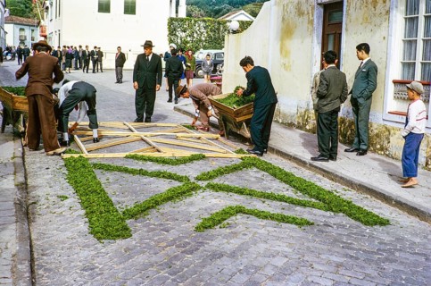 Laying out plants and flowers street religious procession, Procissao de Senhor de Infernos, Furnas,