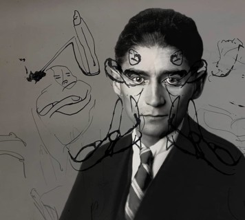 Portrait and a drawing of Franz Kafka, German-speaking Bohemian novelist, digitally edited