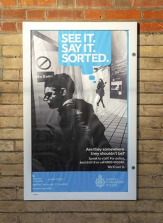 See It Say it Sorted crime prevention poster British Transport Police, Ipswich, Suffolk, England,