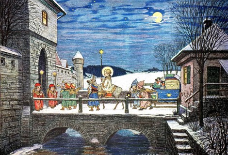 Illustration shows a traditional Christmas scene depicting the arrival of the Christ Child, a work