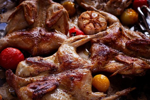 Grilled quail meat, on a platter, tobacco, in the oven, with spices, homemade, without people