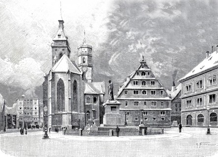 Collegiate Church and Schiller Monument in Stuttgart, 1890, Baden-Württemberg, Germany,