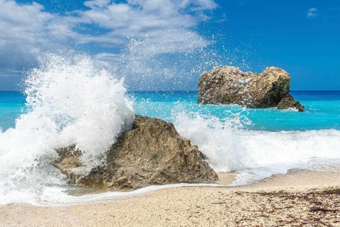 Megali Petra beach with turquoise water of Lefkada island, Ionian Sea, Greece