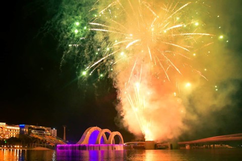 Phu Quoc, Vietnam - 2nd march, 2025: panorama Kiss of the Sea world class fireworks finale over