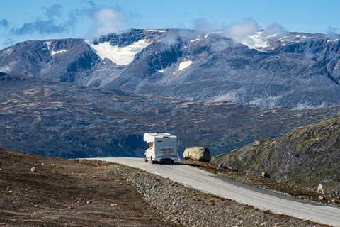 Camper van on mountain road Aurland - Lærdal, gamle Aurlandsvegen, National Tourist Route
