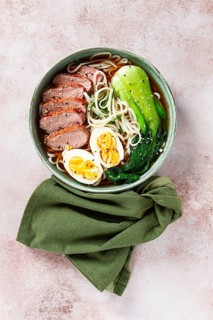 Ramen soup with duck and noodles, with eggs and bok choy, homemade, no people