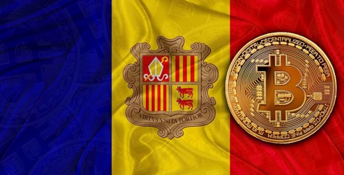 Investors in Blockchain Technology with Andorran flag in the background. Bitcoin cryptocurrency