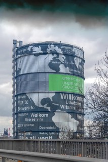 The United Austrian Iron and Steel Works greet visitors to the city of Linz, Austria at the