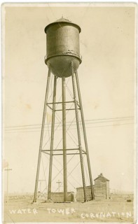 Coronation town, Alberta, Canada, old water tower, inactive, 19th century, A tall metallic water