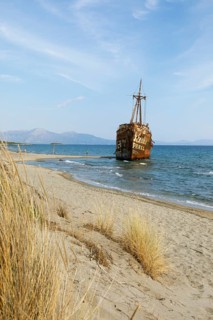 Shipwreck, stranded coaster Dimitrios, Valtaki beach, Laconian Gulf, Laconia, Peloponnese, Greece