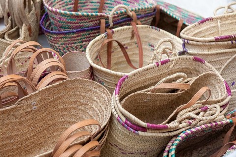 Traditional basket bags, Santanyi weekly market market, Majorca, Balearic Islands, Spain