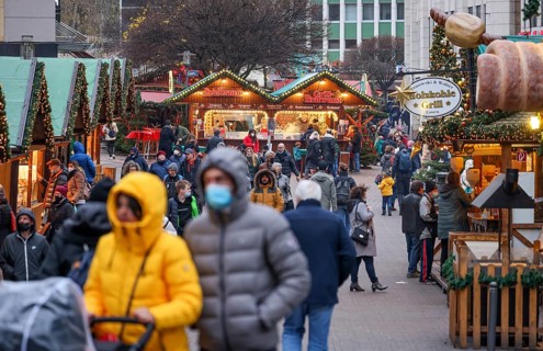Essen, North Rhine-Westphalia, Germany - Christmas market in Essen in times of the corona pandemic