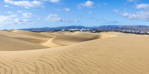 Dunas de dunes of Maspalomas desert on Gran Canaria island panoramic trip in Maspalomas, Spain