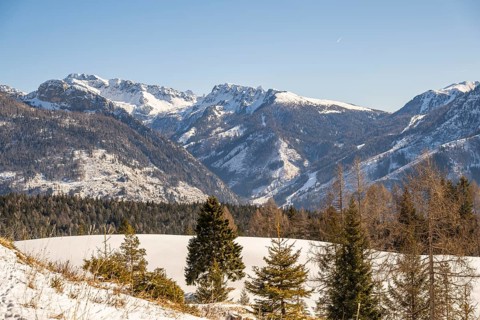 Beautiful landscape of the Mountain silhouettes of the Sexten Dolomites on a sunny winter day,