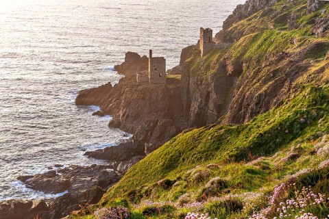 The ruins of the Crowns Engine Houses of Botallack Mine, also known as Crown Mine, on the cliffs of
